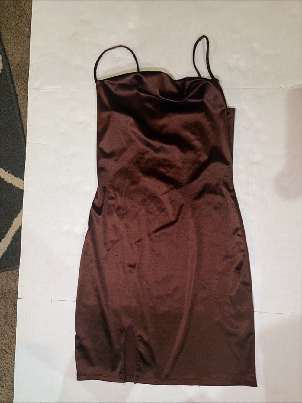 Satin Spaghetti-Strap Mini Dress in Chocolate Brown